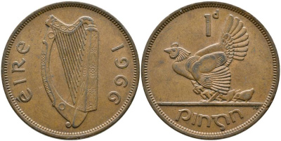 ИРЛАНДИЯ 1 ПЕННИ 1966 КУРИЦА С ЦЫПЛЯТАМИ KM 11 бронза 4531-724