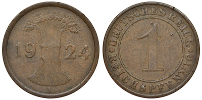 Германия 1 рейхспфенниг 1924 A KM 37, J. 313 бронза 4124-111