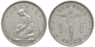 Бельгия 1 франк 1928 Belgie KM 90 никель 51-1743