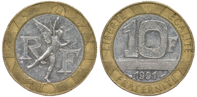 Франция 10 франков 1991 тип гений Бастилии KM 964.1, Le Frank 375.6 биметалл 45-845