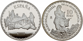 Испания 10 евро 2008 200 лет войне за независимость, Тимбалер дель Брук серебро PROOF 02-226-35