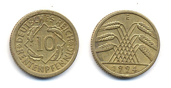 ГЕРМАНИЯ 10 РЕНТЕНПФЕННИГОВ 1924 E KM 33, J. 309, Weege 8 алюминиевая бронза 35-726