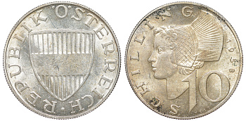 Австрия 10 шиллингов 1958 KM 2882 серебро 4178-1143