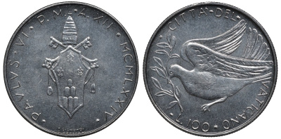 Ватикан 100 лир 1974 голубь, папа Павел VI (1963-1978) KM 122 нержавеющая сталь UNC 4579-646