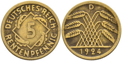 Германия 5 рентенпфеннигов 1924 D KM 32, J. 308 алюминиевая бронза 4151-665