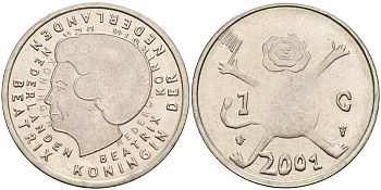 Нидерланды 1 гульден 2001 прощай гульден, детский рисунок, лев с флагом в руках KM 233 никель 65-817