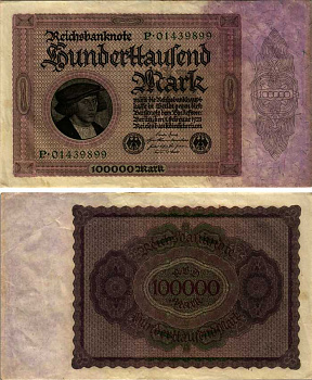 ГЕРМАНИЯ 100000 МАРОК 1923 1 ФЕВРАЛЯ 1923, БЕЗ Т ПОД ПОРТРЕТОМ Pick 83a бумага 7183-25-1