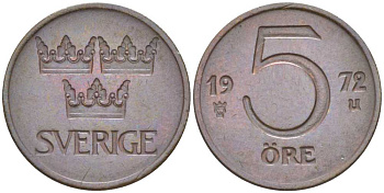 Швеция 5 эре 1972 U, Густав VI Адольф (1950-1973) KM 845 бронза 176-845