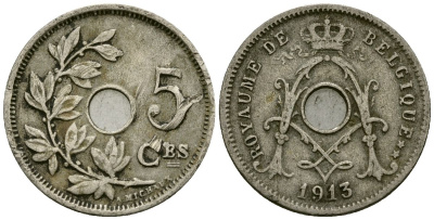 Бельгия 5 сантимов 1913 Belgique KM 66 медно-никель 4173-443