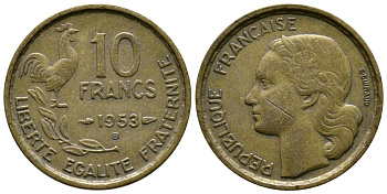 Франция 10 франков 1953 B, петух KM 915.2, Le Franc 363.9 алюминиевая бронза 91-211