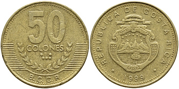 КОСТА-РИКА 50 КОЛОН 1999 B.C.C.R., ГОД ТИП KM 231.1 латунь 63-233