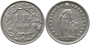 ШВЕЙЦАРИЯ 1 ФРАНК 1921 B КМ 24 серебро 202-545