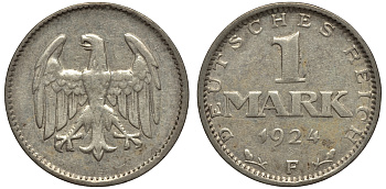 Германия 1 марка 1924 F KM 42, J. 311, Weege 14 серебро 1525-323