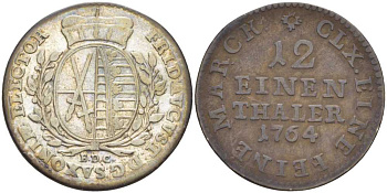 САКСОНИЯ 1/12 ТАЛЕРА 1764 EDC, ФРИДРИХ АВГУСТ III (1763-1806) KM 956 (C100) серебро 210-217