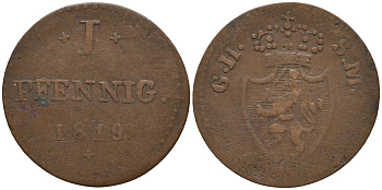 Гессен-Дармштадт 1 пфенниг 1819 GH-SM, Великий Герцог Людвиг I (1806-1830) KM 280 медь 4532-662