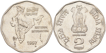 Индия 2 рупии 1997 Н, монетный двор Хайдерабад KM 121.5 медно-никель 4511-511