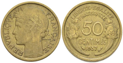 ФРАНЦИЯ 50 САНТИМОВ 1937 ТИП MORLON KM 894.1, LE FRANC 192.13 алюминиевая бронза 201-857