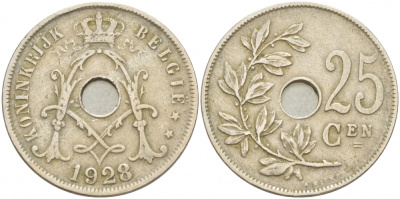 БЕЛЬГИЯ 25 САНТИМОВ 1928 BELGIE KM 69 медно-никель 87-1542