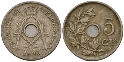 Бельгия 5 сантимов 1920 Belgique KM 66 медно-никель 4602-127
