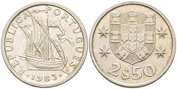 Португалия 2,5 эскудо 1983 парусник KM 590 медно-никель 4523-1115