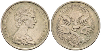 АВСТРАЛИЯ 5 ЦЕНТОВ 1973 ЕЛИЗАВЕТА II, МОЛОДОЙ ПОРТРЕТ, ЕХИДНА KM 64 медно-никель 4564-1155