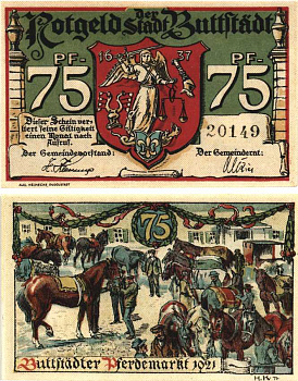 БУТТШТАДТ 75 ПФЕННИГОВ 1921 НОТГЕЛЬД, ЗЕМЛЯ ТЮРИНГИЯ Grabowski 211.1 бумага 444-116-3-2