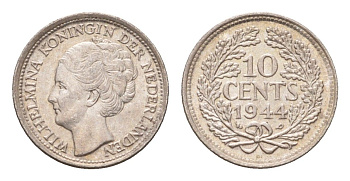 Нидерланды 10 центов 1944 Вильгельмина (1890-1948) KM 163 серебро aUNC 4669-1213