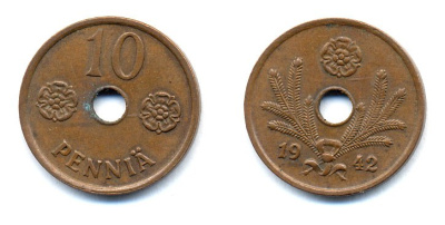 ФИНЛЯНДИЯ 10 ПЕННИ 1942 KM 33.1 медь 51-4962