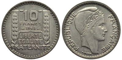 Франция 10 франков 1948 тип Пьер Турин KM 909.1, Le Franc 362.3 медно-никель 27-826