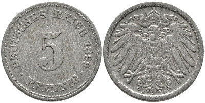 ГЕРМАНИЯ 5 ПФЕННИГОВ 1899 А, KM 11, J. 12 медно-никель 96-621