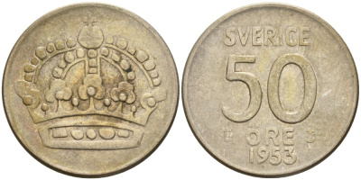 Швеция 50 эре 1953 TS, Густав VI Адольф (1950-1973) KM 825 серебро 4364-3014
