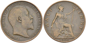 Великобритания 1/2 пенни 1905 Эдуард VII (1901-1910) KM 793.2, Spink 3991 бронза 117-951