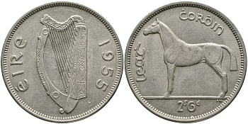 ИРЛАНДИЯ 1/2 КРОНЫ = 2 ШИЛЛИНГА 6 ПЕНСОВ 1955 ЛОШАДЬ KM 16а медно-никель 4531-841