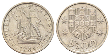 Португалия 5 эскудо 1984 парусник KM 591 медно-никель 3336-724