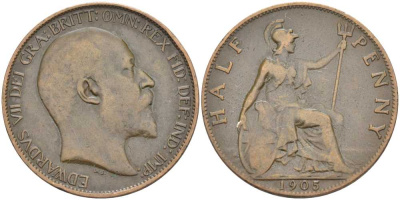 Великобритания 1/2 пенни 1905 Эдуард VII (1901-1910) KM 793.2, Spink 3991 бронза 117-951