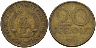 ГДР 20 пфеннигов 1969 A, первый год KM 11 латунь 92-736