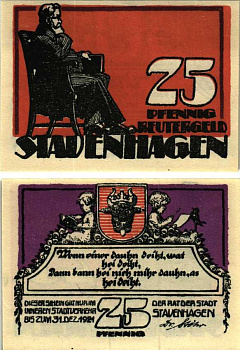 ШТАФЕНХАГЕН 25 ПФЕННИГОВ 1921 НОТГЕЛЬД, 1 ДЕКАБРЯ 1921, ЗЕМЛЯ МЕКЛЕНБУРГ ПЕРЕДНЯЯ ПОМЕРАНИЯ Grabowski 1257.1 бумага 6318-47-2-2