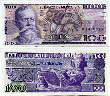 МЕКСИКА 100 ПЕСО 1982 25 МАЯ 1982, СЕРИЯ VK, ВЕННУСТИАНО КАРРАНСА Pick 74c бумага UNC (ПРЕСС) 6289-9-1-2