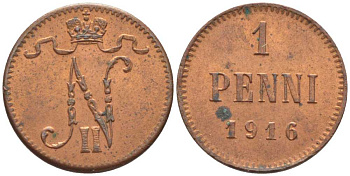 РОССИЯ ДЛЯ ФИНЛЯНДИИ 1 ПЕННИ 1916 НИКОЛАЙ II (1895-1917) KM 13, Биткин 476 медь 116-1222