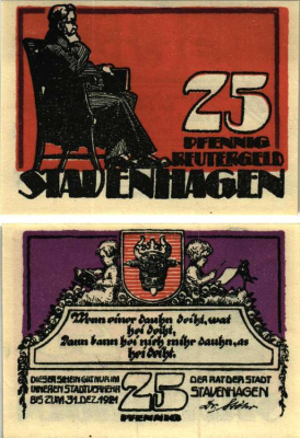 ШТАФЕНХАГЕН 25 ПФЕННИГОВ 1921 НОТГЕЛЬД, 1 ДЕКАБРЯ 1921, ЗЕМЛЯ МЕКЛЕНБУРГ ПЕРЕДНЯЯ ПОМЕРАНИЯ Grabowski 1257.1 бумага 6318-47-2-2