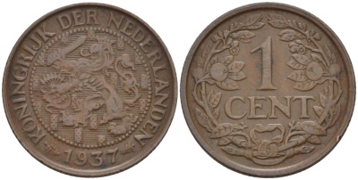 НИДЕРЛАНДЫ 1 ЦЕНТ 1937 ВИЛЬГЕЛЬМИНА (1890-1948) KM 152 бронза 100-1052