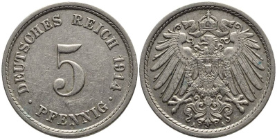 ГЕРМАНИЯ 5 ПФЕННИГОВ 1914 A KM 11, Jager 12, Weege 6 медно-никель 4547-539