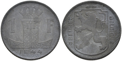 БЕЛЬГИЯ 1 ФРАНК 1944 BELGIE - BELGIQUE KM 128 цинк 4589-812