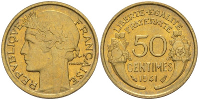 Франция 50 сантимов 1941 тип Морлон KM 894.1, Le Franc 192.18 алюминиевая бронза 44-412
