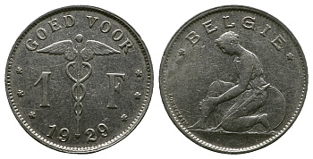 БЕЛЬГИЯ 1 ФРАНК 1929 BELGIE KM 90 никель 4384-115