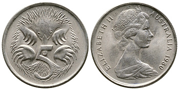 АВСТРАЛИЯ 5 ЦЕНТОВ 1980 ЕЛИЗАВЕТА II, МОЛОДОЙ ПОРТРЕТ, ЕХИДНА KM 64 медно-никель UNC 4383-135