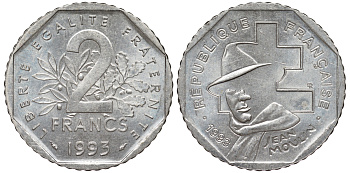 Франция 2 франка 1993 Жан Мулен, 50 лет Национальному движению сопротивления KM 1062, Le Franc 273.2 никель 4519-737