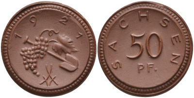 Саксония 50 пфеннигов 1921 виноград и лопата J. N 54 фарфор 1094-5-62