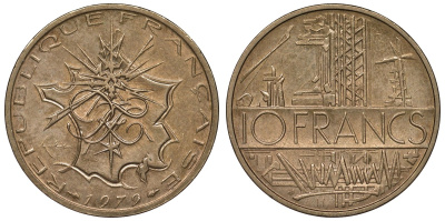 Франция 10 франков 1979 тип Матье KM 940, Le Franc 365.13-14 никель латунь 4123-623