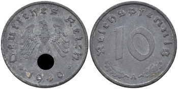 ГЕРМАНИЯ 10 РЕЙХСПФЕННИГОВ 1940 A KM 101, J. 371 цинк 4401-814